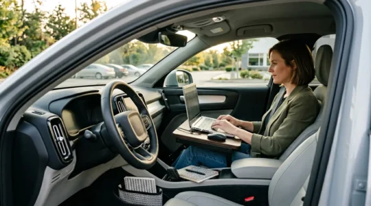 Professional working on laptop in passenger seat of parked car with organized mobile office setup