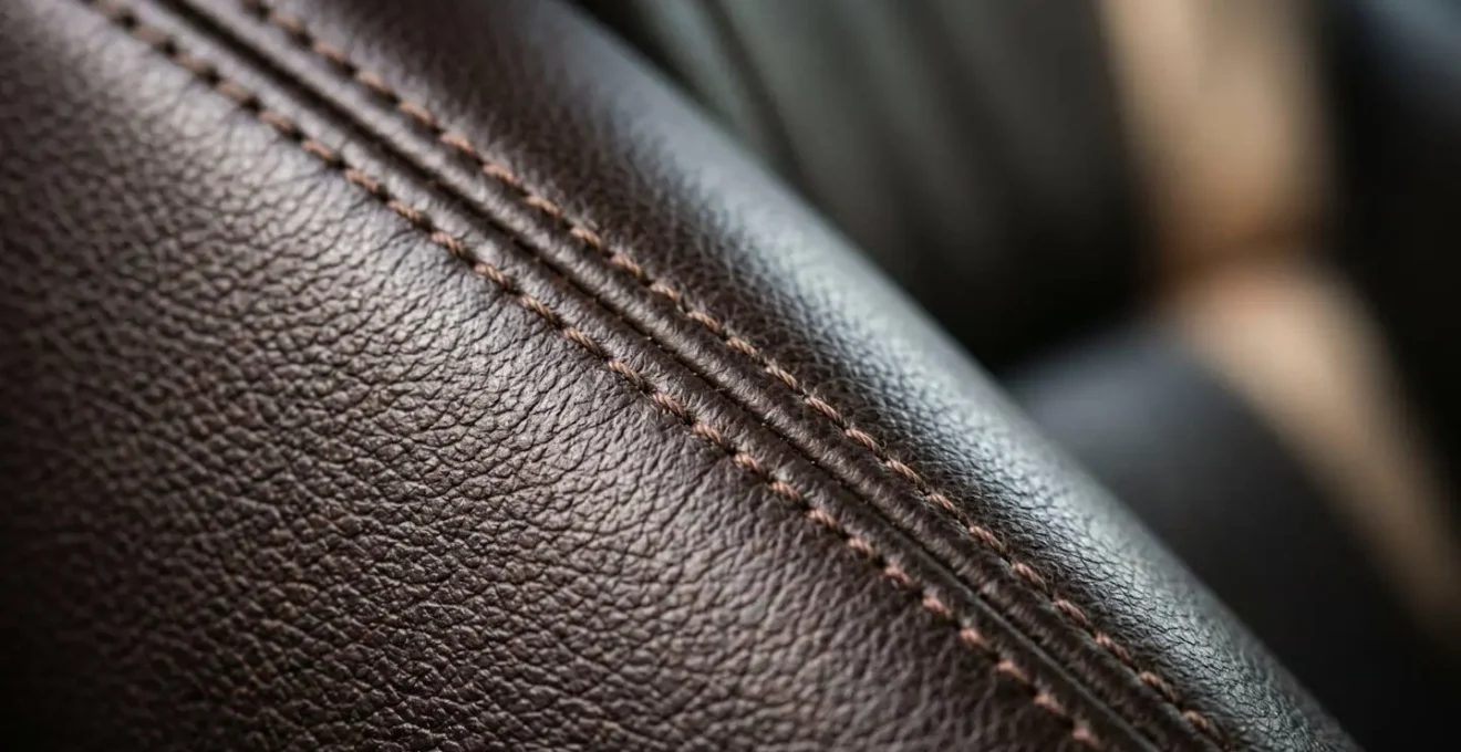 Macro detail of leather car seat texture with soft natural lighting creating a sense of luxury and quietness