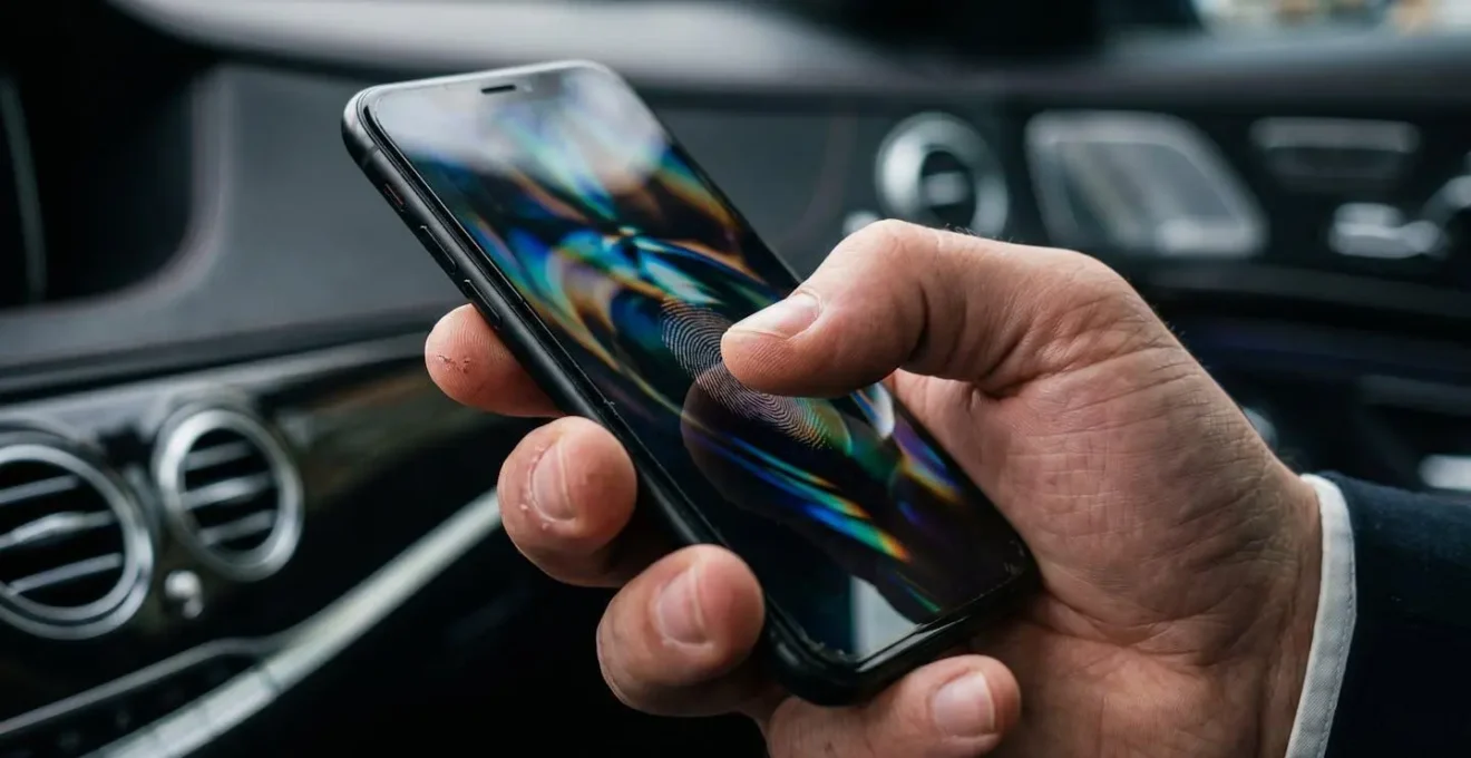 Close-up of hands holding smartphone showing abstract network security patterns
