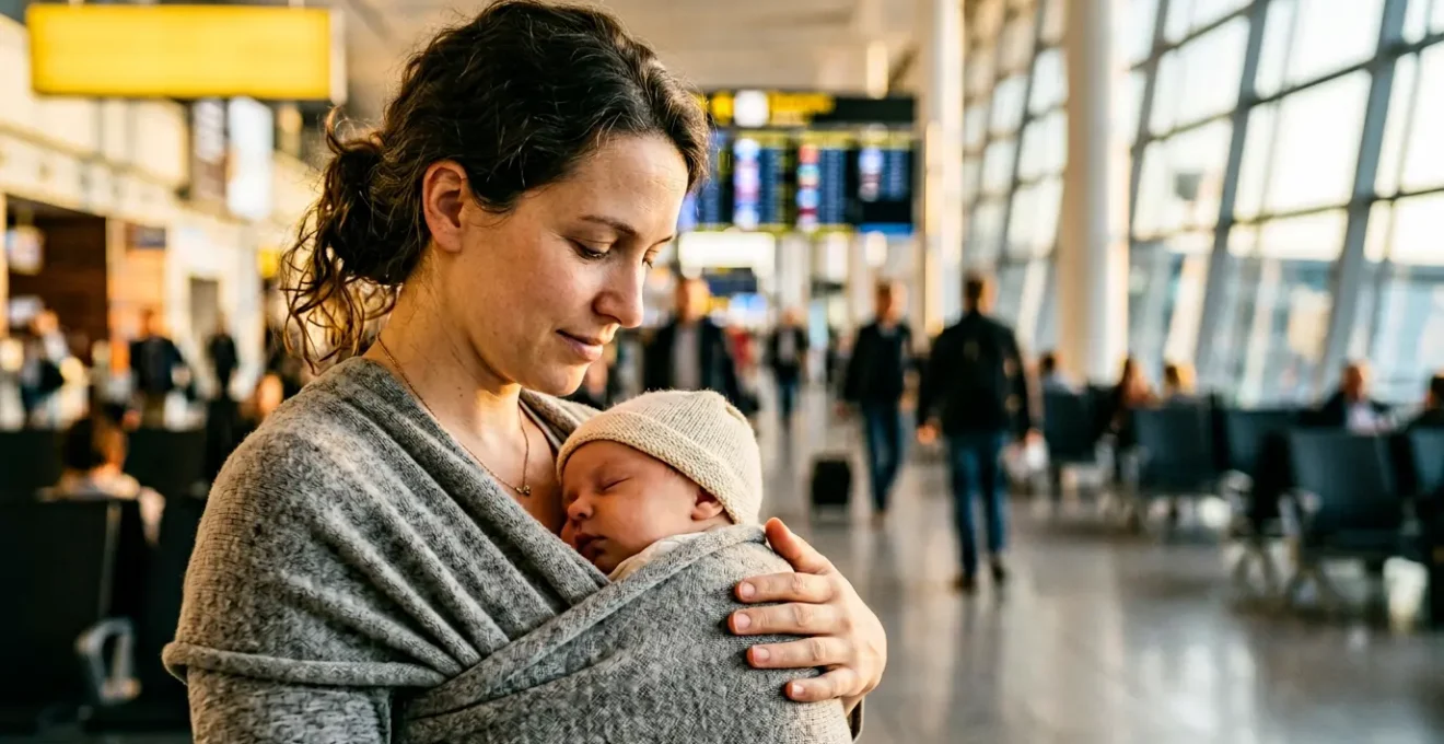 Serene parent holding sleeping newborn in soft carrier against blurred airport terminal background