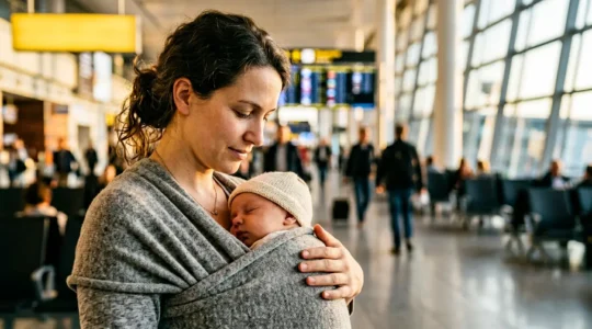 Serene parent holding sleeping newborn in soft carrier against blurred airport terminal background