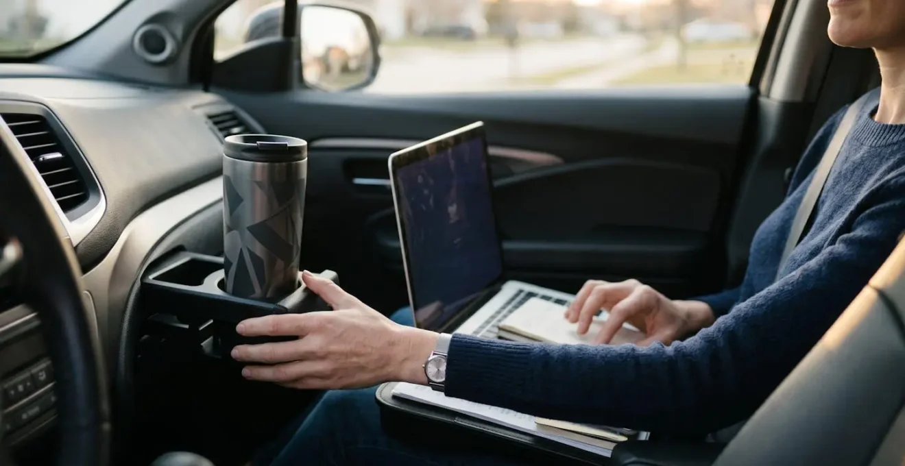 Interior view of car showing strategic cup holder placement away from work area
