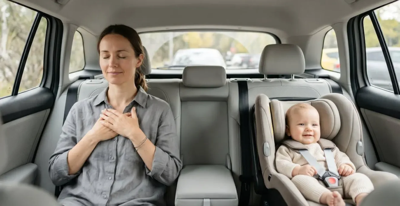Parent in car backseat doing breathing exercise while baby rests in car seat