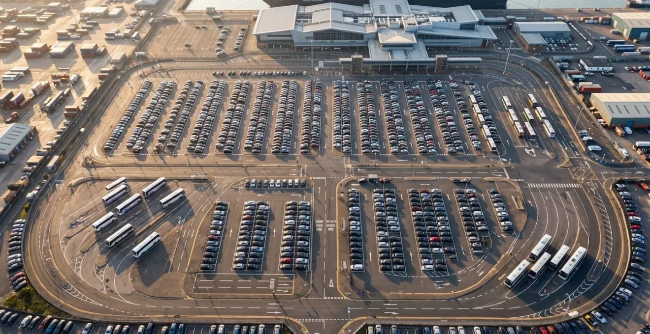Aerial view of Portsmouth port showing designated chauffeur waiting areas and vehicle stacking zones