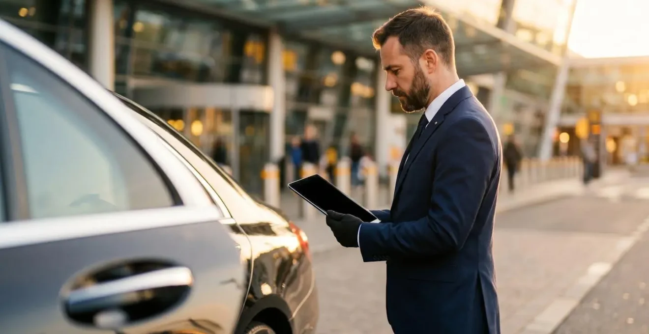Professional chauffeur reviewing booking notes on tablet while standing beside luxury vehicle