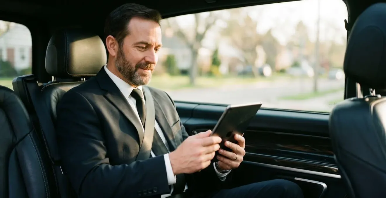 Professional driver reviewing booking details on tablet in luxury vehicle