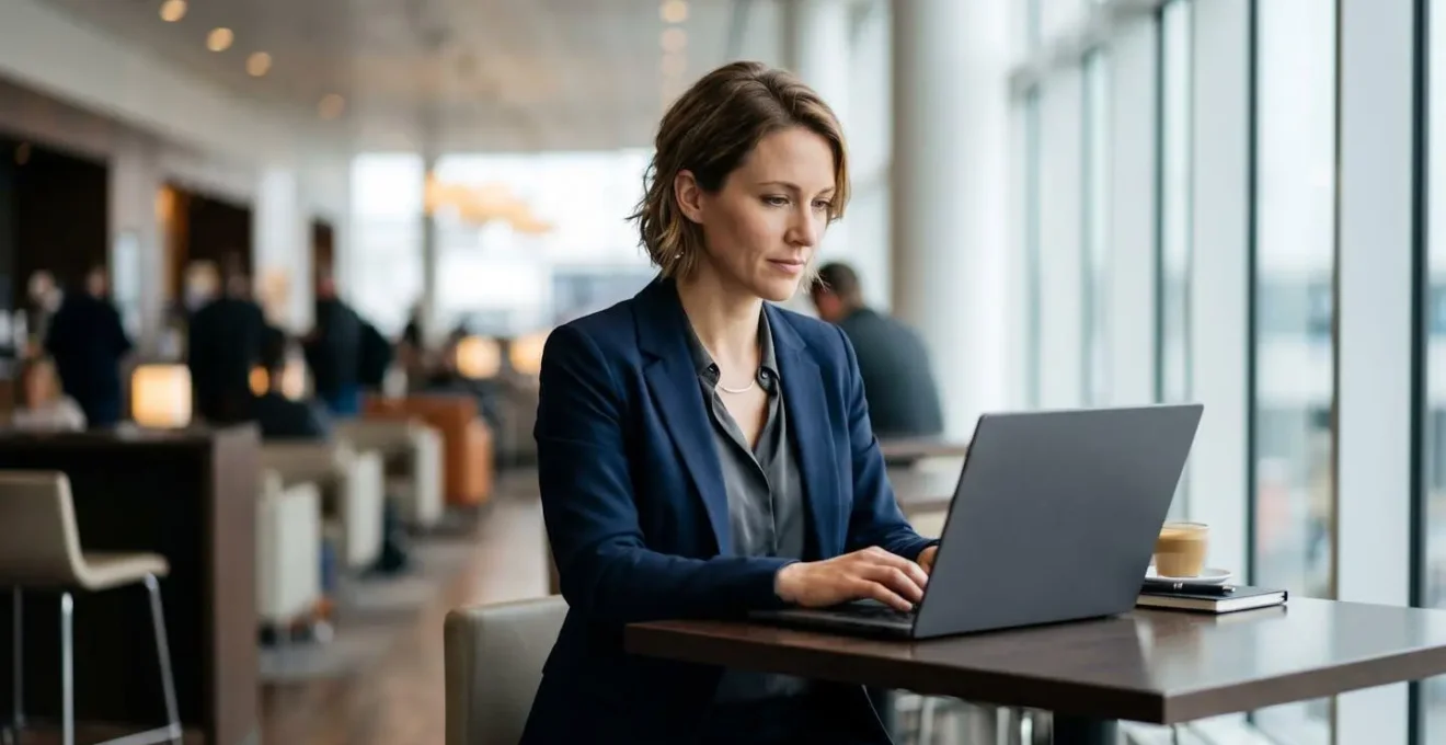 Business professional working productively in modern transport lounge