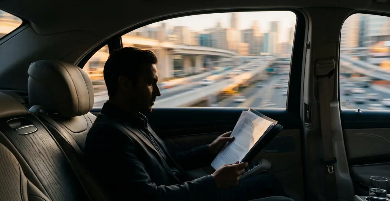 Professional working on tablet in vehicle backseat with blurred city movement outside window