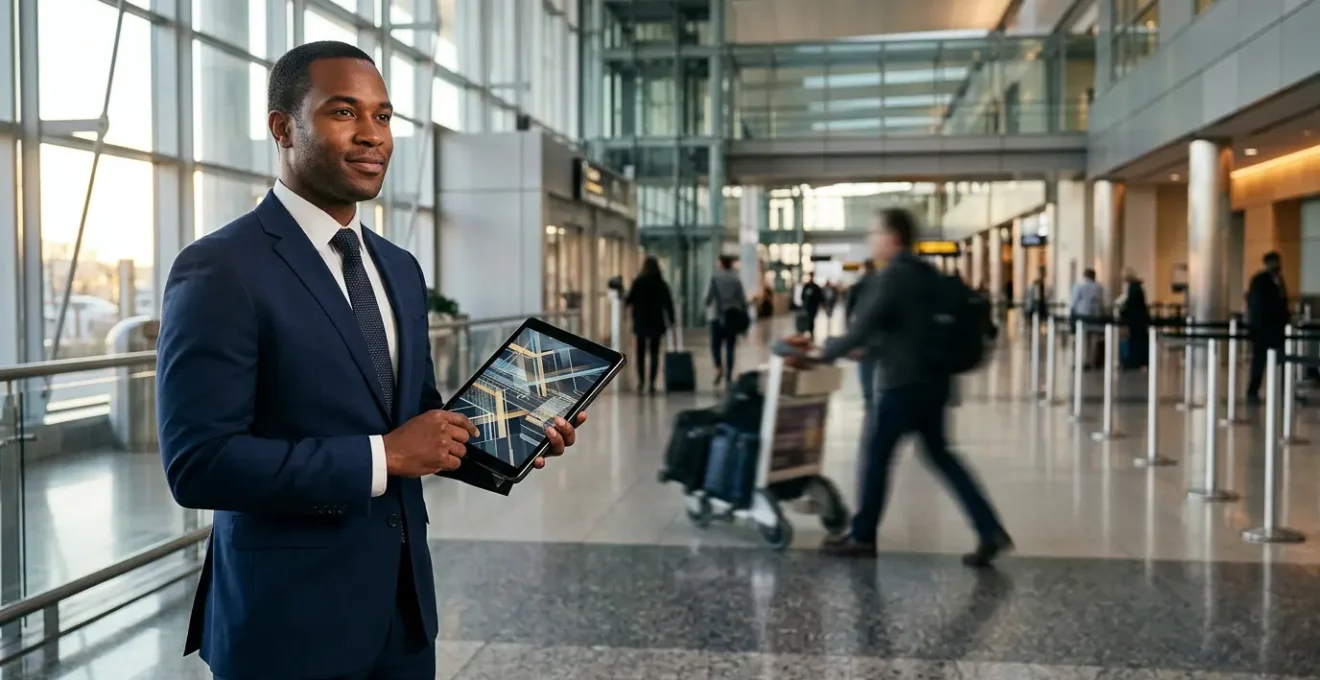 Professional driver monitoring real-time flight tracking system at airport arrival zone showing delayed status updates