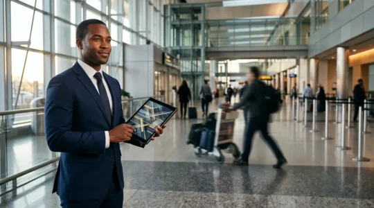 Professional driver monitoring real-time flight tracking system at airport arrival zone showing delayed status updates