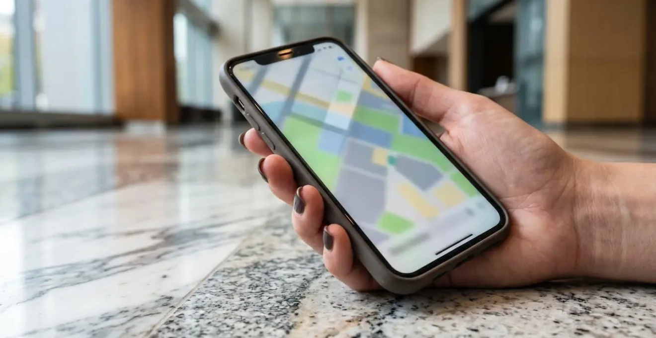 Hand holding smartphone showing map interface while person walks through corporate lobby