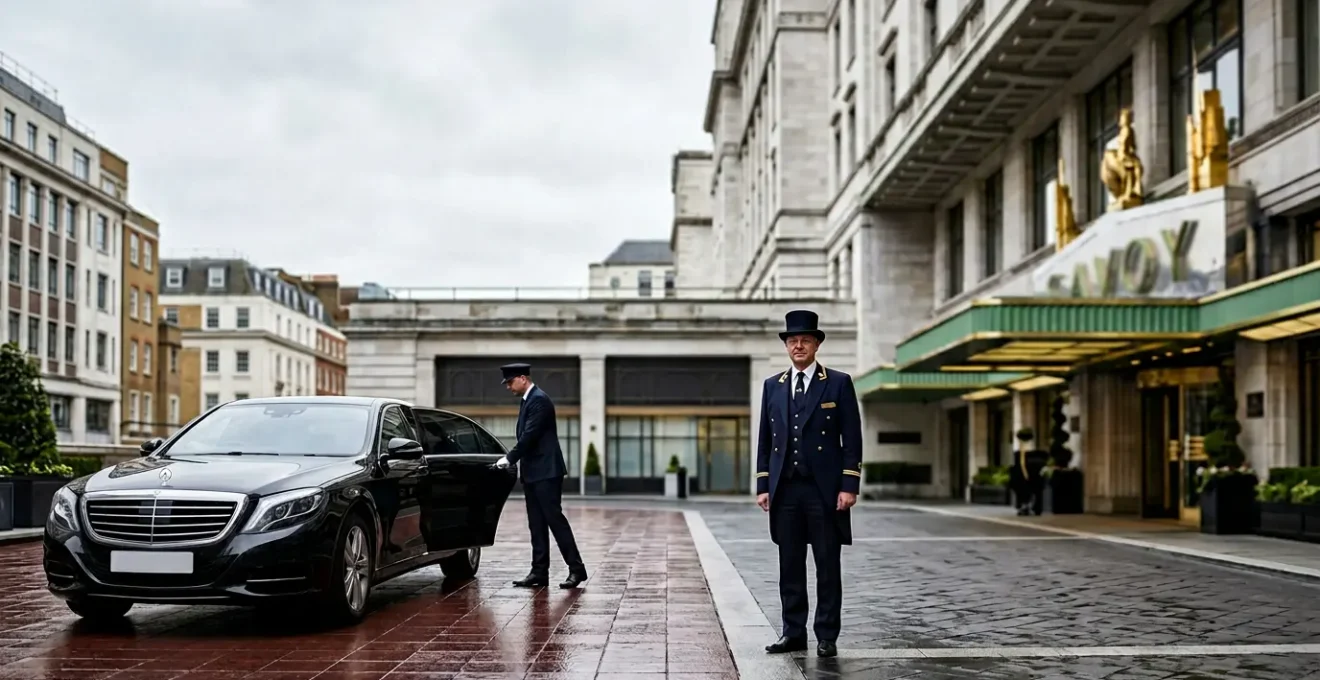 Professional chauffeur opening door of luxury car at The Savoy Hotel entrance with doorman ready