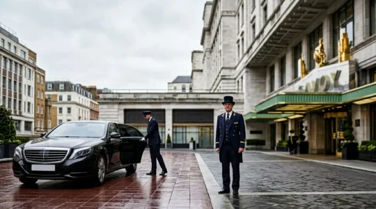 Professional chauffeur opening door of luxury car at The Savoy Hotel entrance with doorman ready