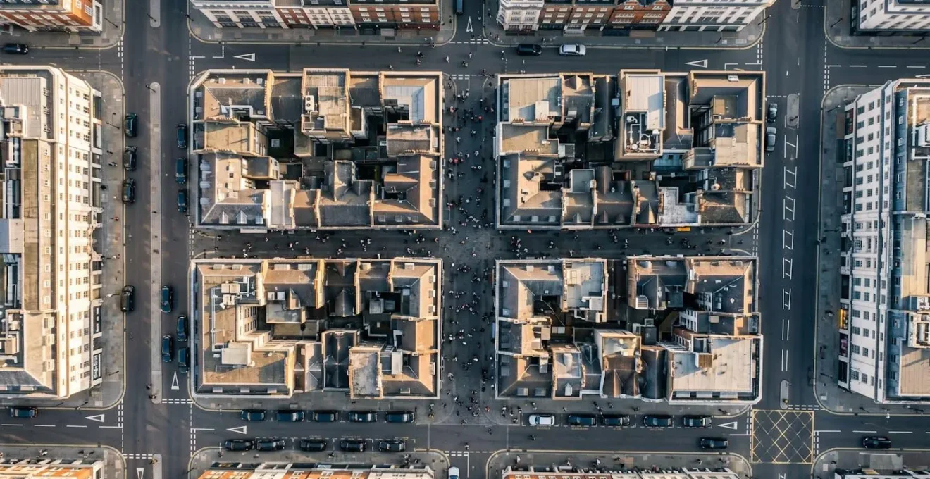 Aerial view of Soho streets showing designated pickup zones with waiting vehicles