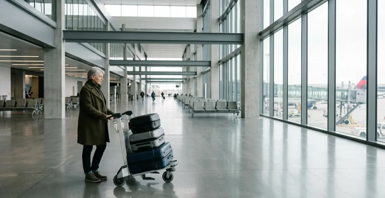 A mature traveler in an airport terminal attempting to maneuver three large hard-shell suitcases simultaneously