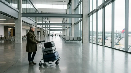 A mature traveler in an airport terminal attempting to maneuver three large hard-shell suitcases simultaneously