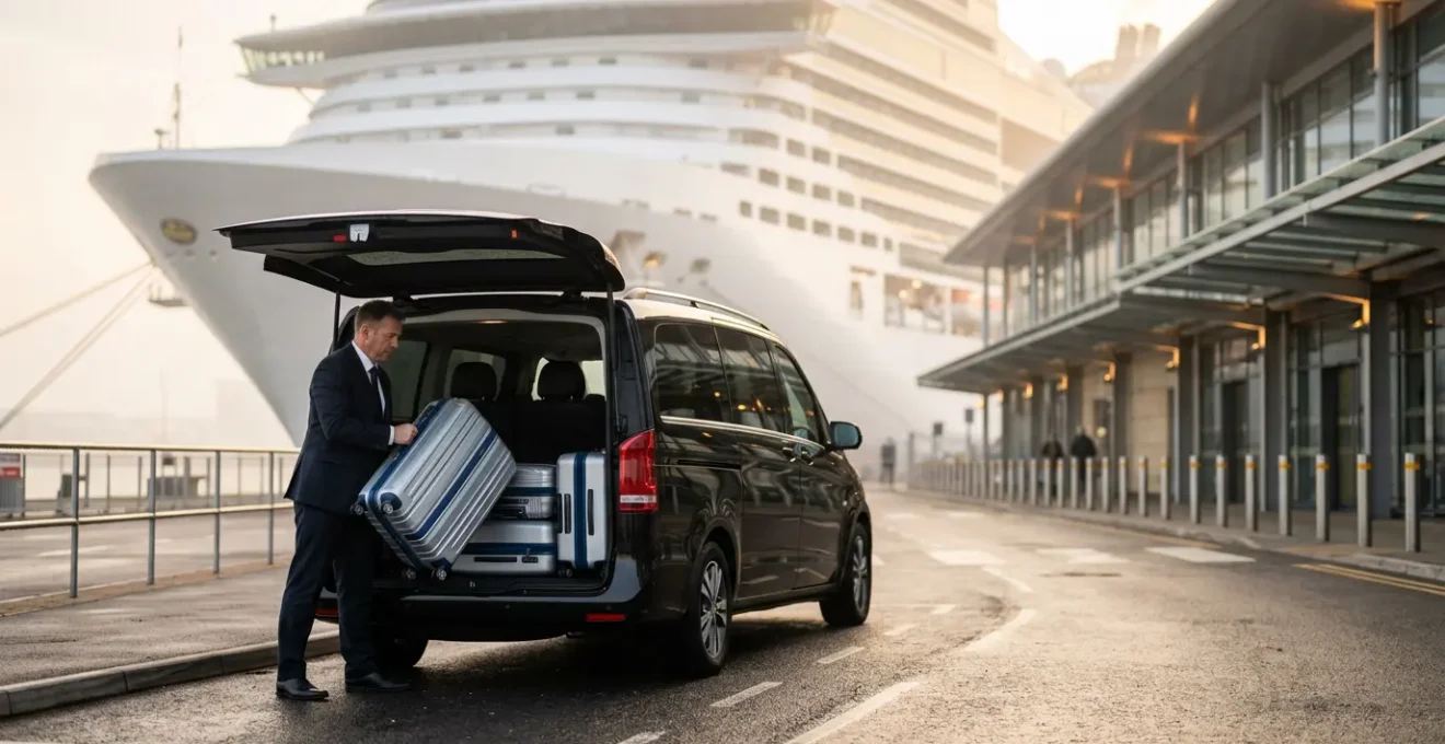 Professional chauffeur loading luggage into luxury vehicle at Southampton cruise terminal with ship in background