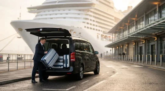 Professional chauffeur loading luggage into luxury vehicle at Southampton cruise terminal with ship in background