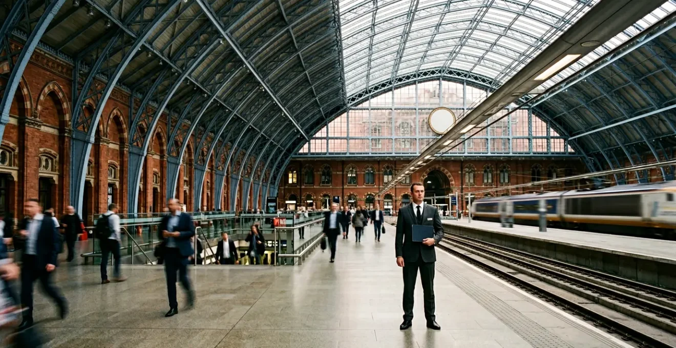 Professional chauffeur holding a name board in the elegant St Pancras International station concourse with Victorian architecture