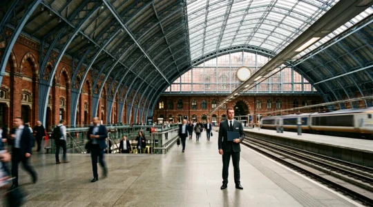 Professional chauffeur holding a name board in the elegant St Pancras International station concourse with Victorian architecture