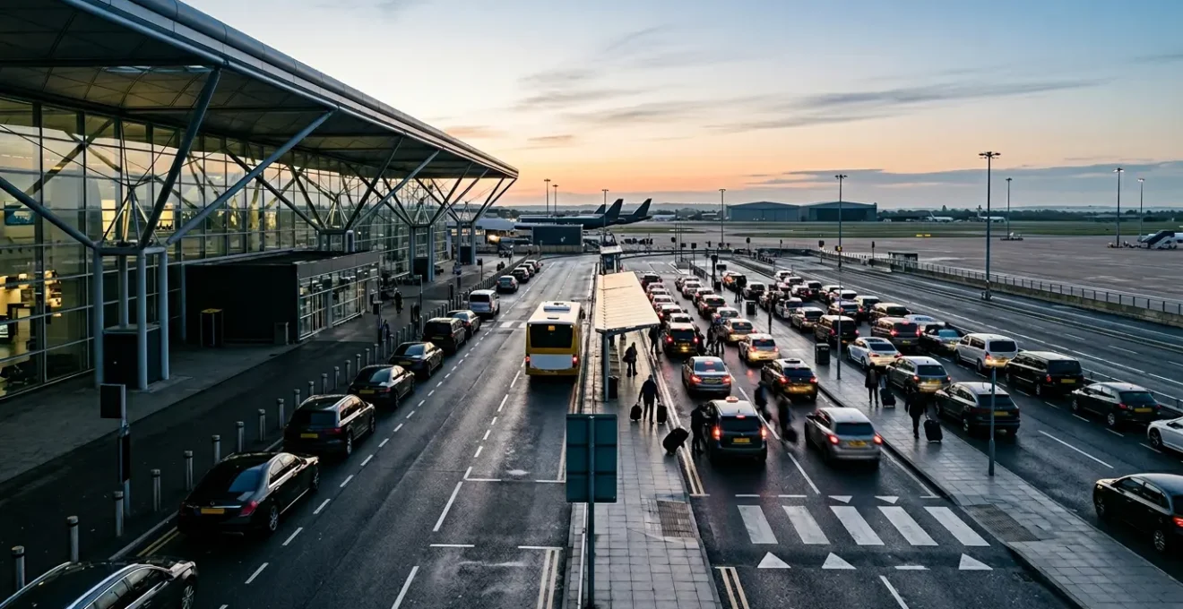 Busy airport terminal with travelers and transport options during morning rush hour