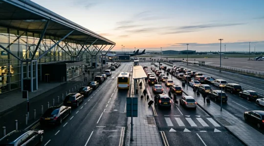 Busy airport terminal with travelers and transport options during morning rush hour