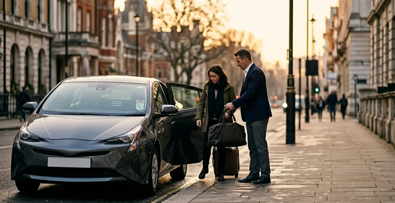 Passengers boarding a London private hire vehicle with safety features visible
