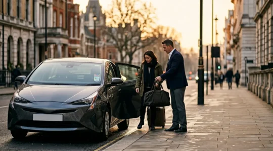 Passengers boarding a London private hire vehicle with safety features visible