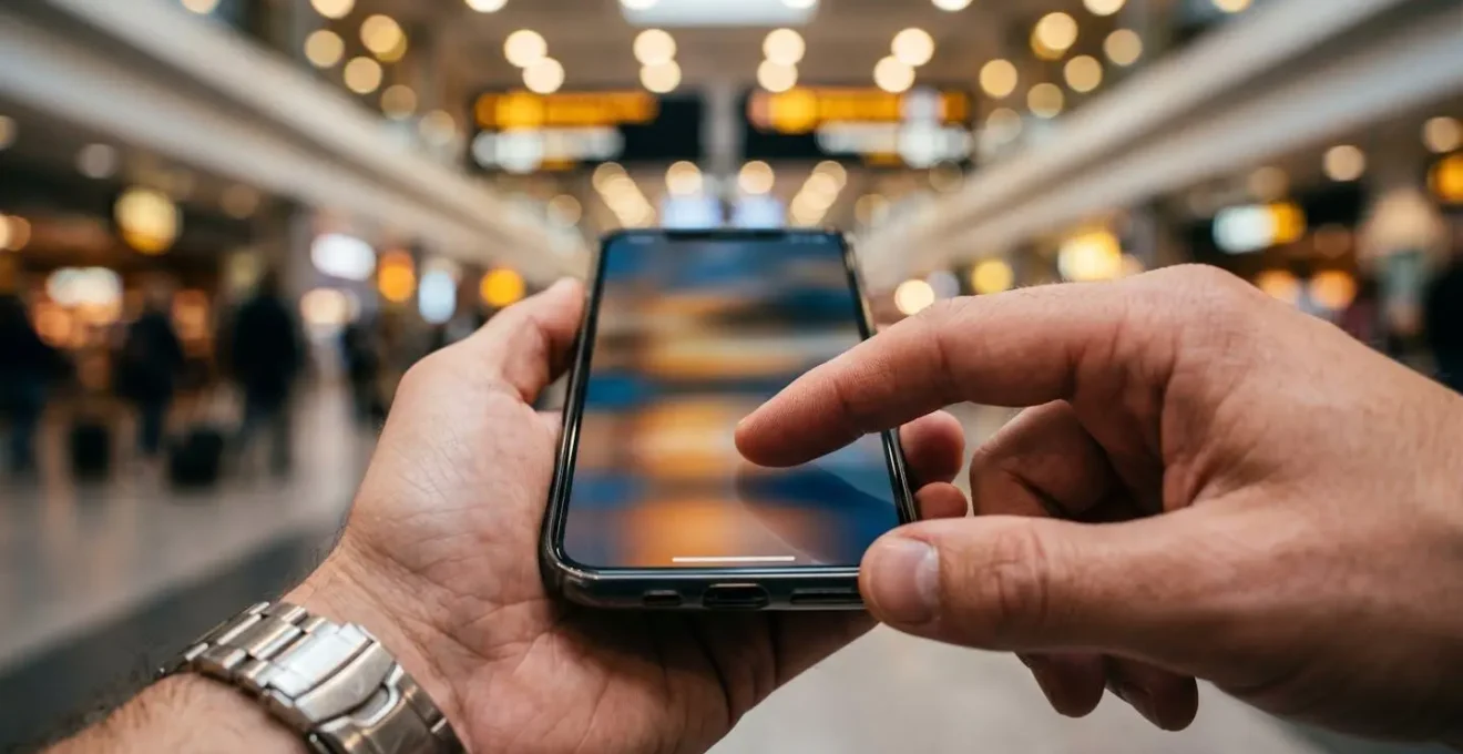 Business traveler checking mobile device in airport arrivals area