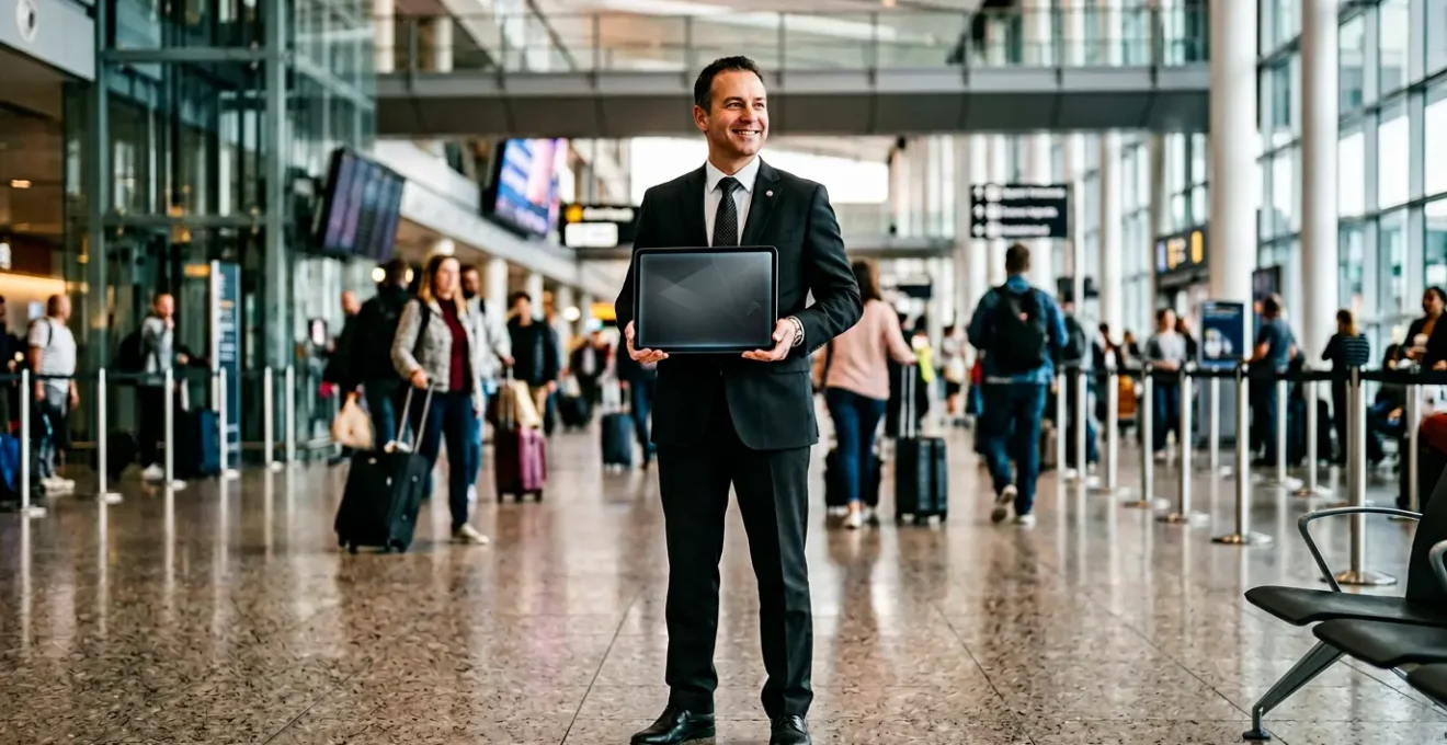 Professional chauffeur holding an elegant signboard at an airport terminal
