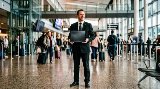 Professional chauffeur holding an elegant signboard at an airport terminal