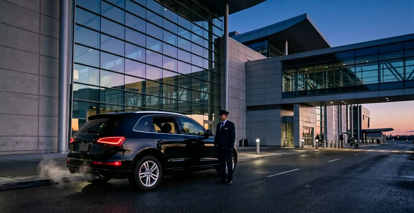 VIP guest exiting terminal into luxury vehicle at dusk
