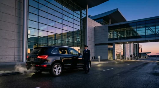 VIP guest exiting terminal into luxury vehicle at dusk