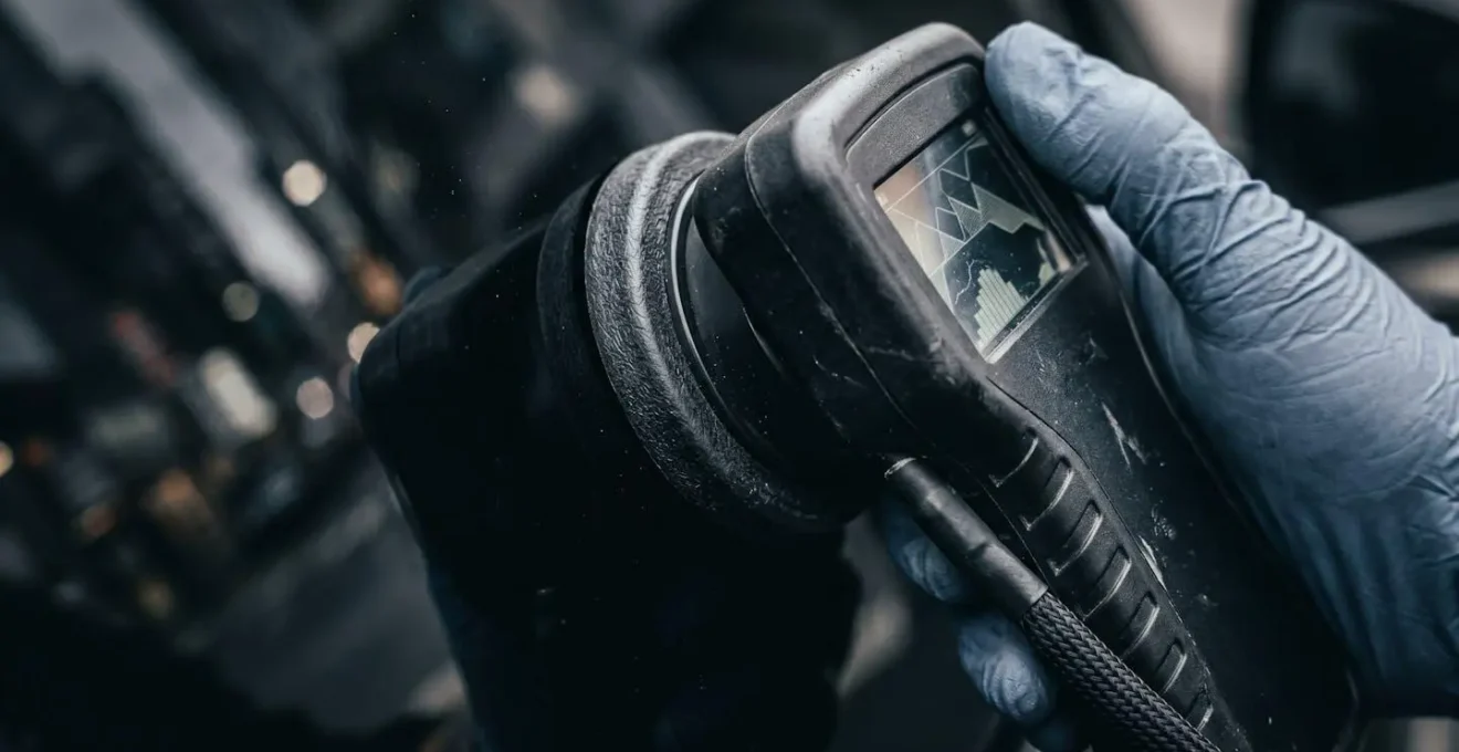 Close-up of VLT meter being used to verify window tint percentage on luxury vehicle