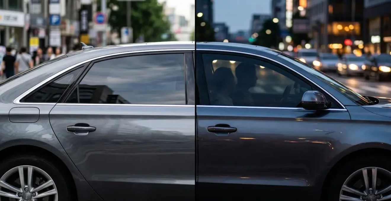 Comparison showing visibility through 20% VLT tinted car window in different lighting conditions