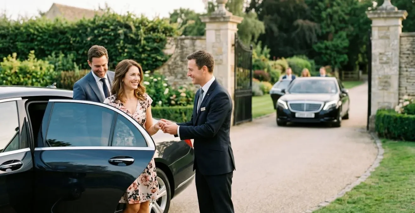 Multiple luxury vehicles arriving at an elegant wedding venue entrance with coordinated timing