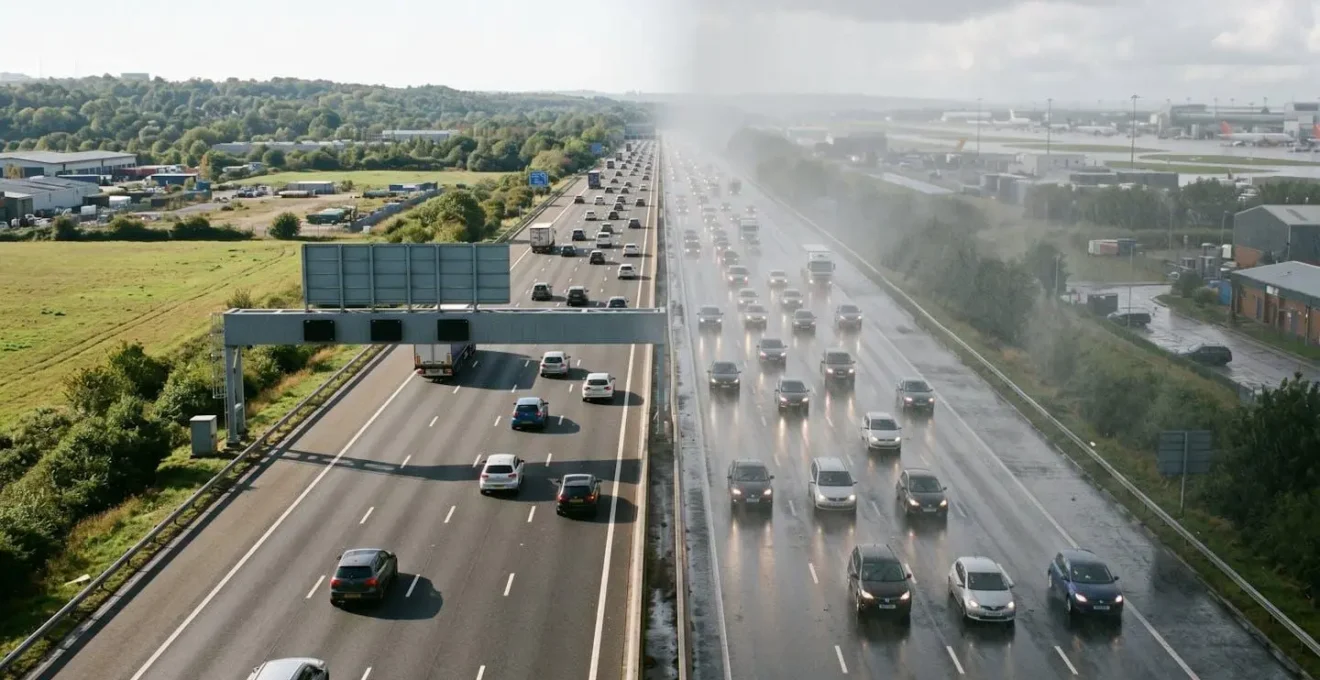 Travelers navigating through rainy weather conditions approaching Manchester Airport