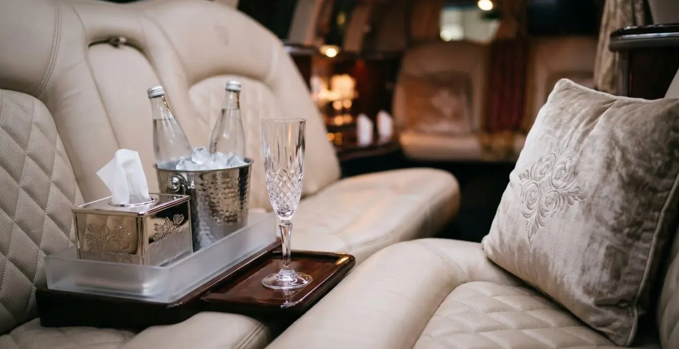 Elegant wedding car interior showcasing essential amenities and comfort items