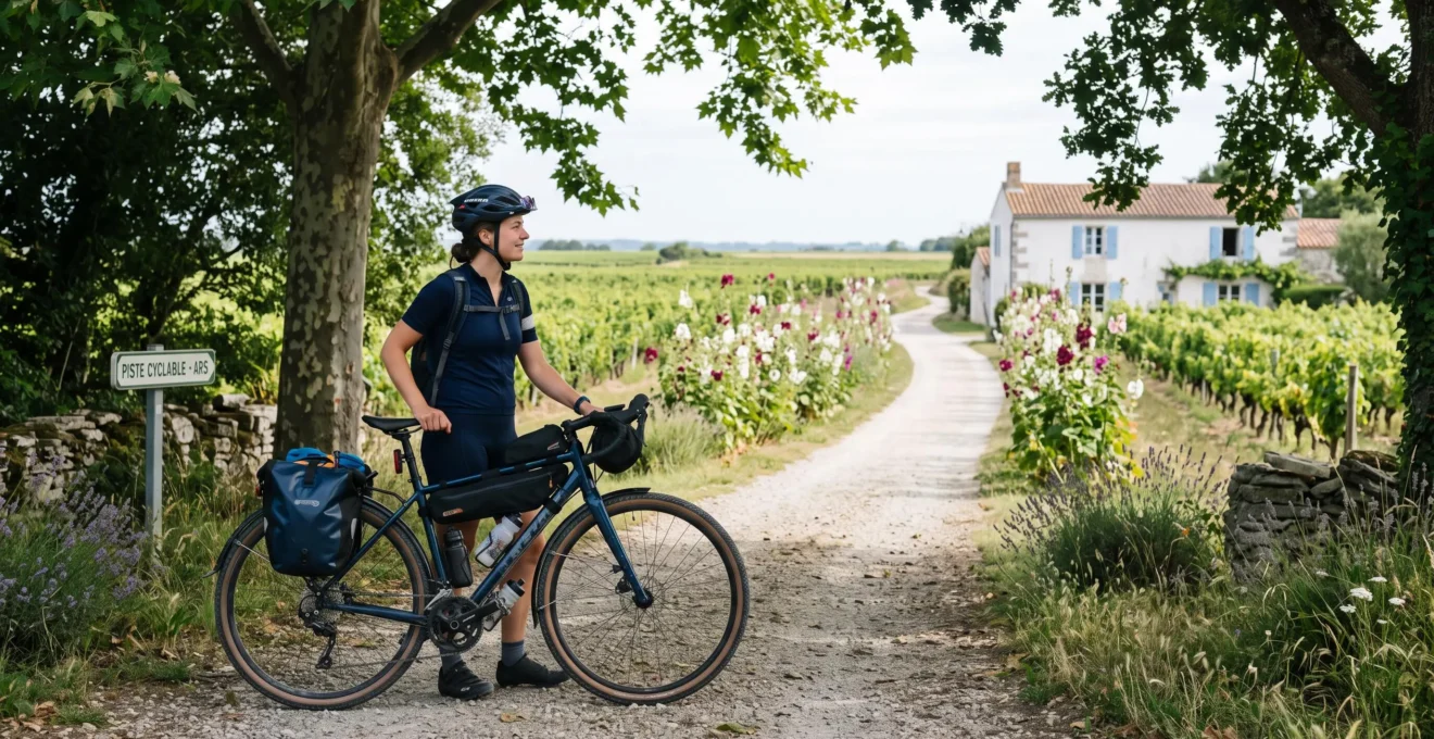 A cyclist stands beside a bike on a tree-lined lane lined with hollyhocks on Île de Ré.