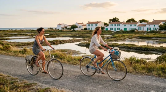 Two cyclists ride along a coastal bike path between salt marshes and whitewashed houses on Île de Ré.