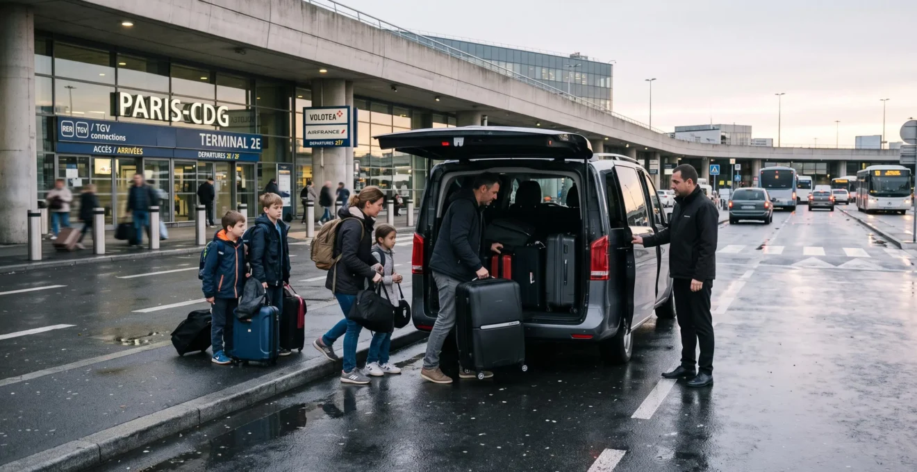 A family loading suitcases into a minibus outside an airport terminal.