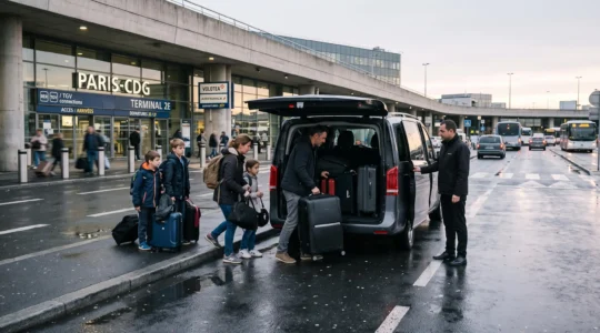A family loading suitcases into a minibus outside an airport terminal.