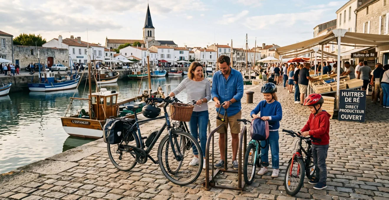 A family with two children parks their bikes near a small stone harbor on Île de Ré.