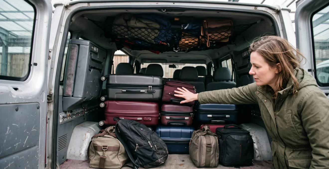 The open luggage compartment of a minibus filled with suitcases and bags.